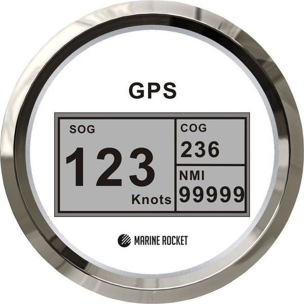 GPS-спидометр электронный, белый циферблат, нержавеющий ободок, выносная антенна, д. 85 мм, Marine Rocket SMDGPS001WSMR фото