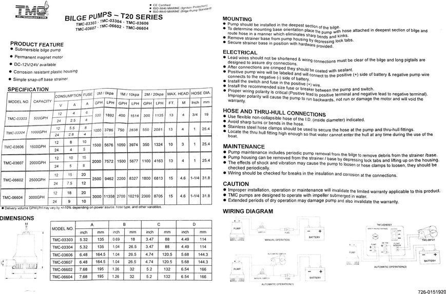Помпа осушувальна, 12, 1000GPH (3785 л/ч) 1005512 фото